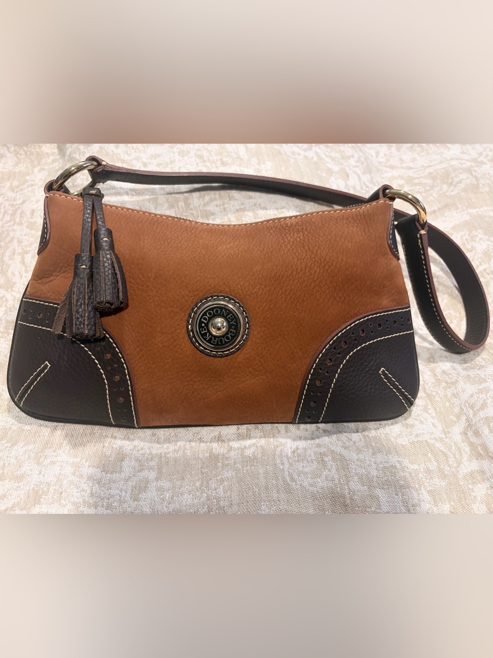 Vintage Y2K Dooney & Bourke Brown Leather Shoulder Baguette Bag Tassel Accent